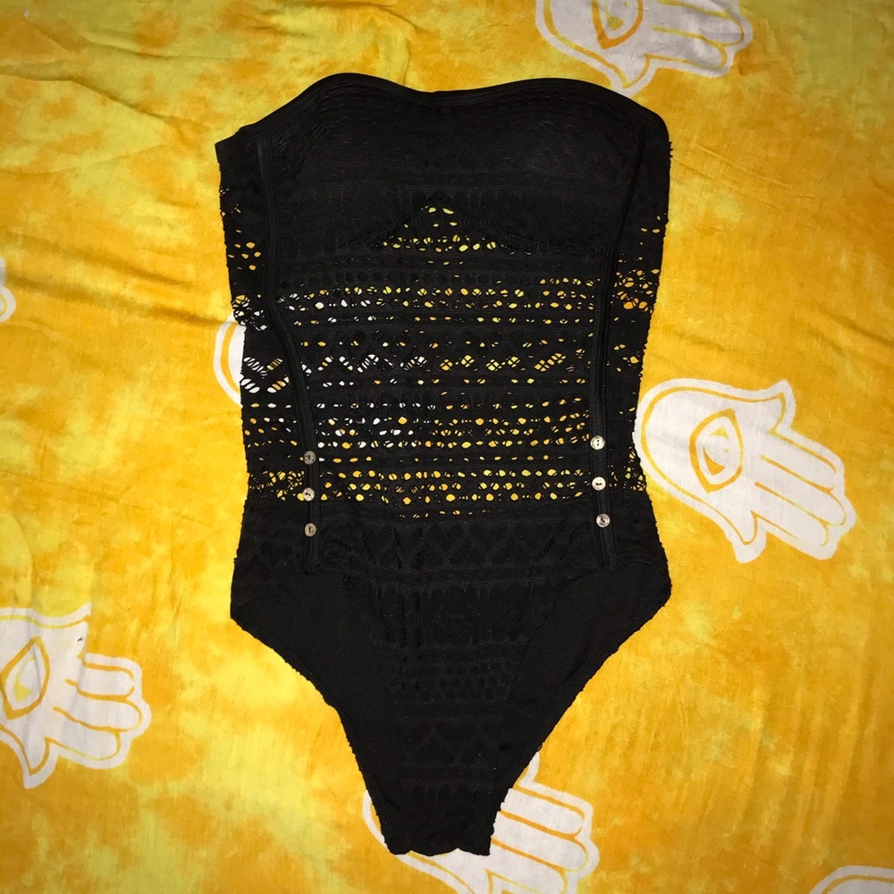 Black Woven Designed One Piece Bathing Suit